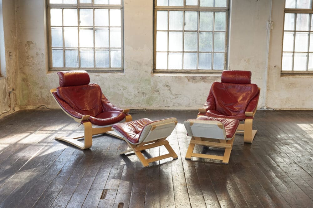 A pair of Swedish Kroken Leather Lounge Chairs and Stools - Image 3