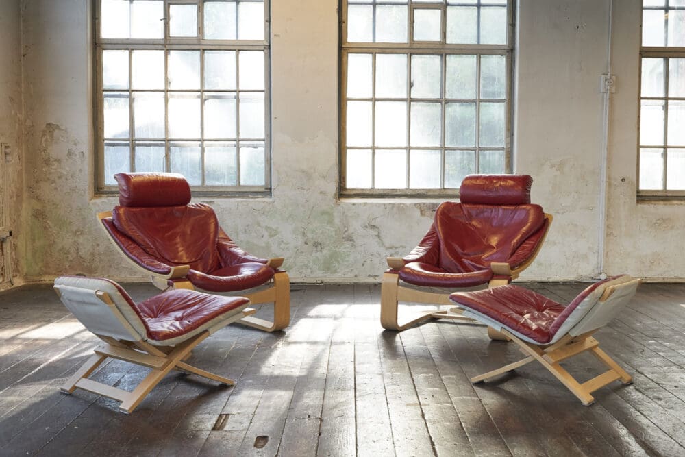 A pair of Swedish Kroken Leather Lounge Chairs and Stools - Image 5