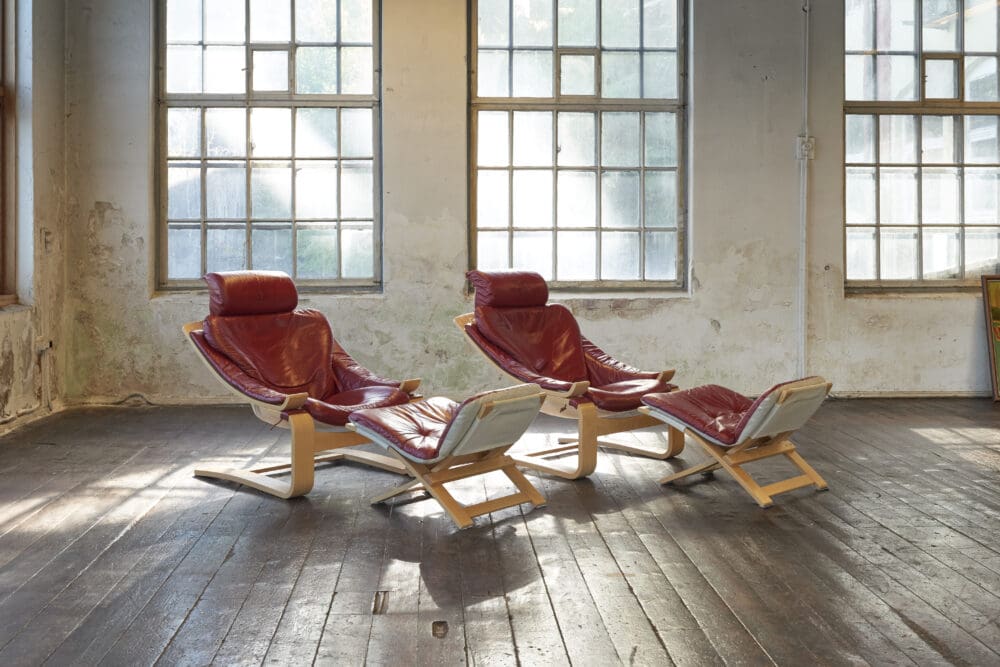 A pair of Swedish Kroken Leather Lounge Chairs and Stools - Image 7