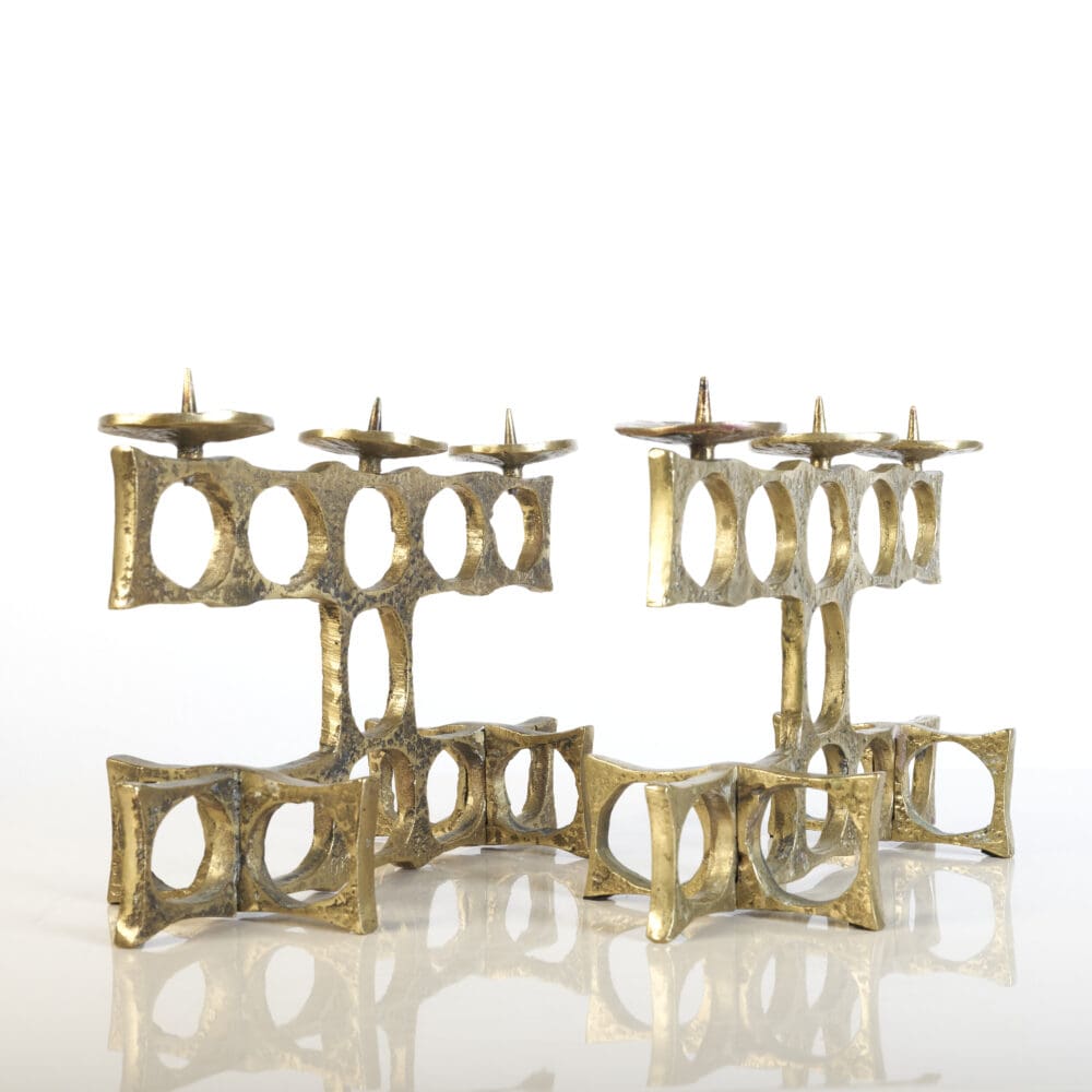 Pair of Brutalist Bronze Candelabras by Heinz Goll